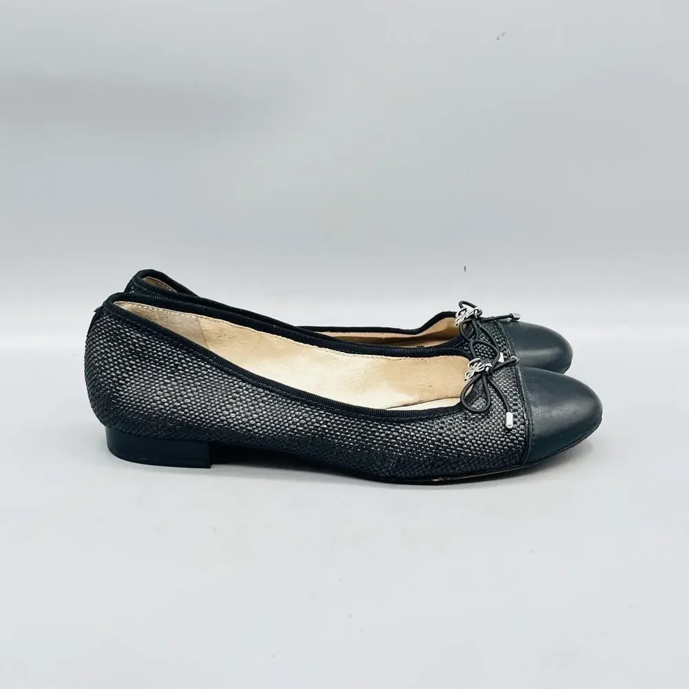 Sam Edelman Shoes Womens 6 Black Woven Ballet Flats Bow Cap Toe Casual Comfort
